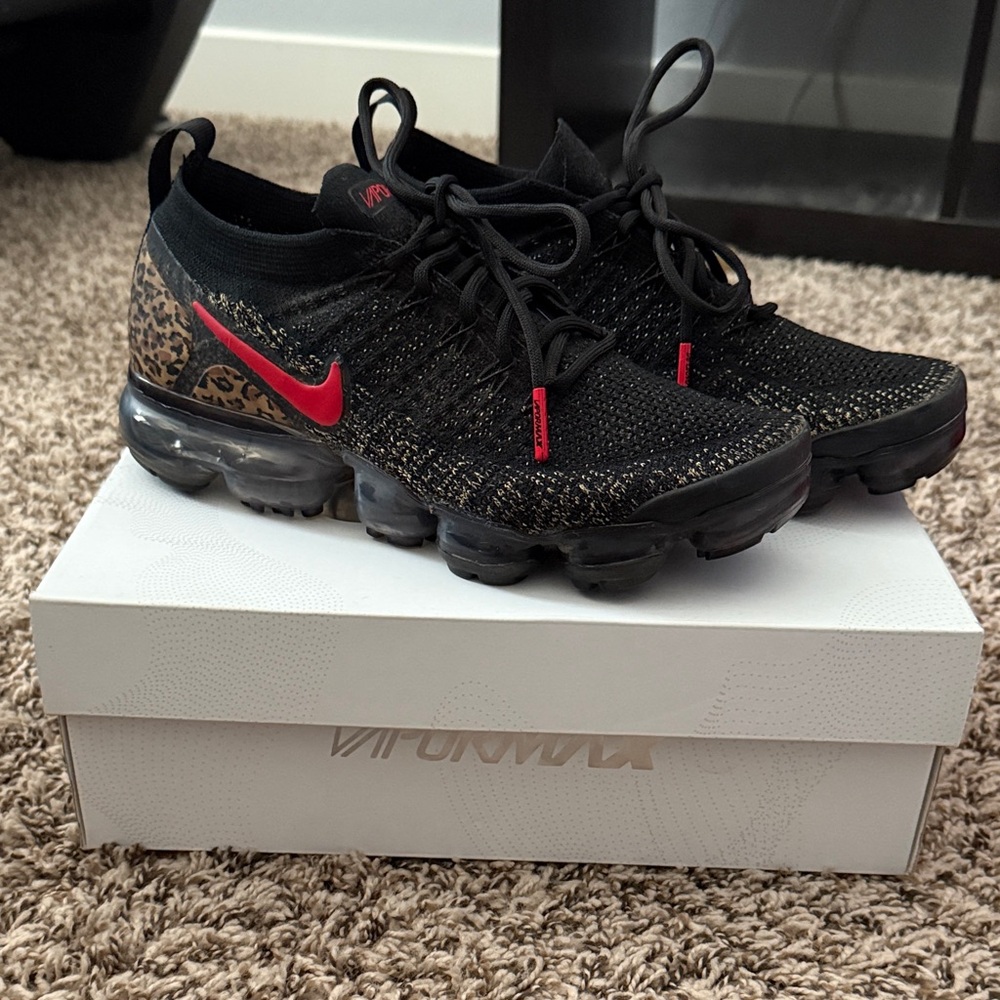 Nike VaporMax Flyknit Black with Red and Leopard Print